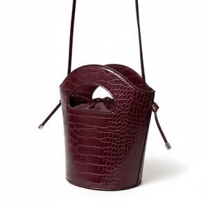 Mango Burgundy Crocodile Vegan Leather Top Handle Medium Crossbody Bucket Bag